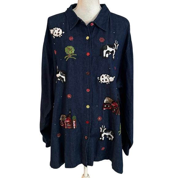 Quacker Factory Plus Size 2X Embellished Sequin Denim Jean Shirt Barnyard Farm - Picture 1 of 5